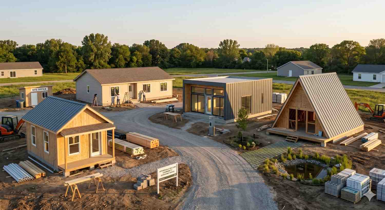 Small residential development featuring modern tiny homes and modular houses under construction. Workers, building materials, and gravel roads surround compact homes, including an A-frame cabin and contemporary prefab structures in a rural community setting.