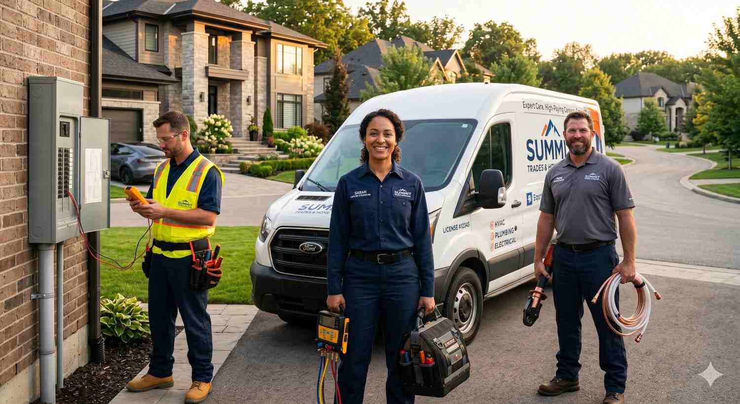 Three home service technicians stand outside a suburban house beside a service van. One tests an electrical panel, while the others carry tools and equipment, representing professional residential electrical, plumbing, and HVAC services.