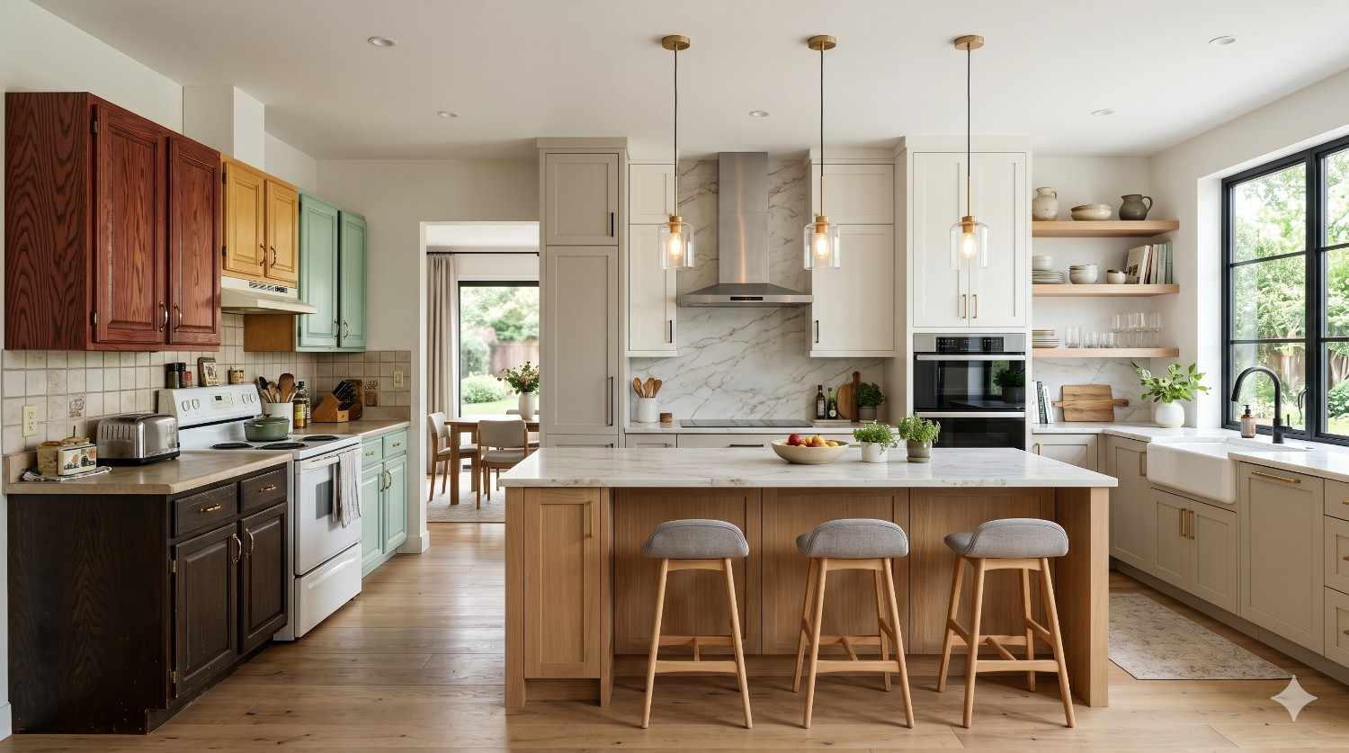 Kitchen renovation comparison featuring an older kitchen with dark wood cabinets beside a bright modern design with white cabinetry, marble backsplash, open shelving, pendant lighting, and a large island with seating.