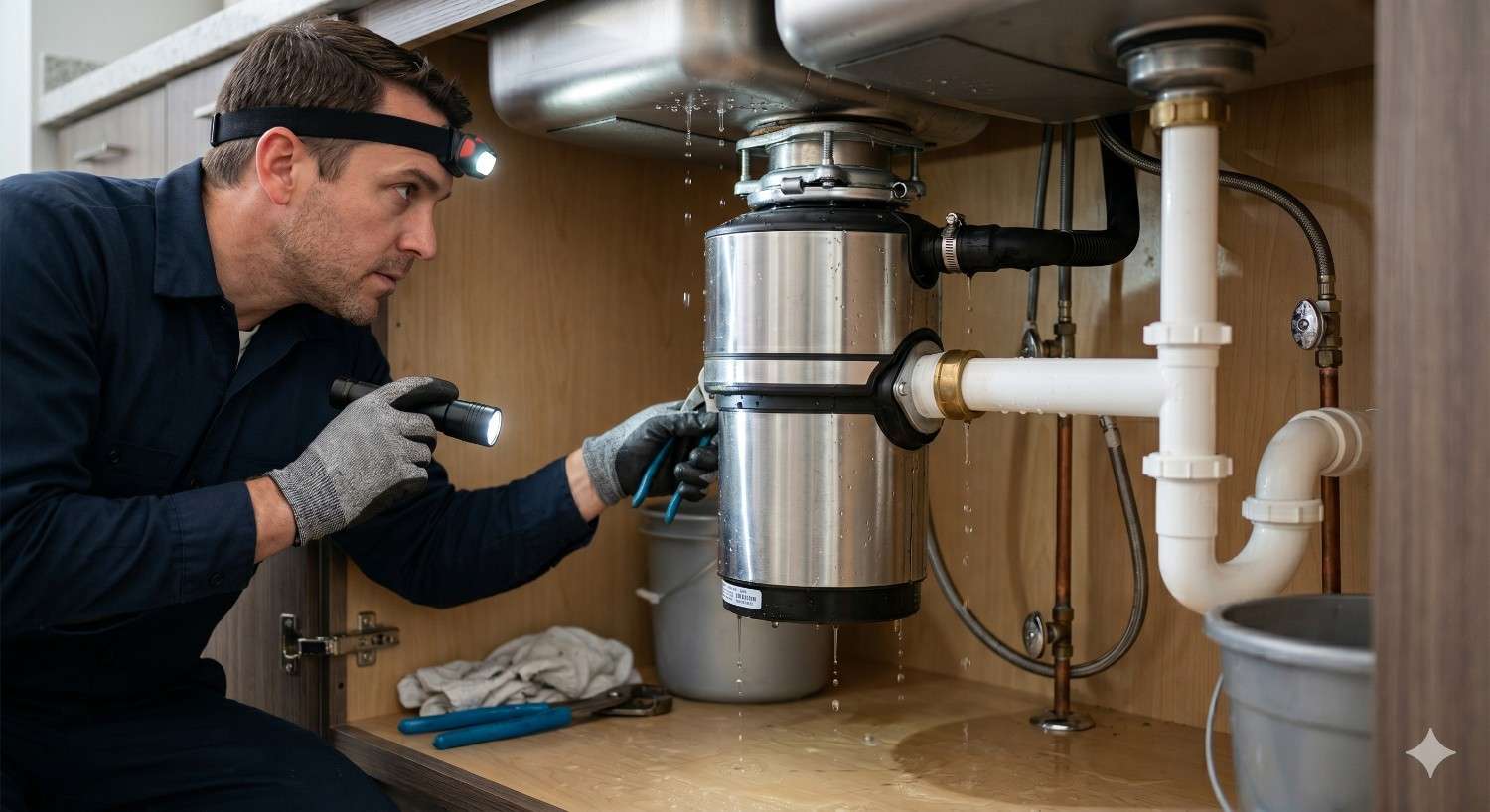 Professional plumber wearing a headlamp and gloves inspects a leaking garbage disposal beneath a kitchen sink. Water drips from the disposal unit while the technician uses a flashlight to diagnose the issue. Exposed drain pipes, plumbing connections, tools, and a bucket highlight residential sink repair and maintenance work.