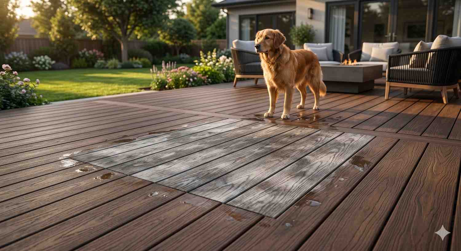 Golden retriever standing on a modern backyard deck with visible water damage and discoloration on several wooden boards. Outdoor lounge furniture, landscaped garden, and evening sunlight create a calm residential patio setting.