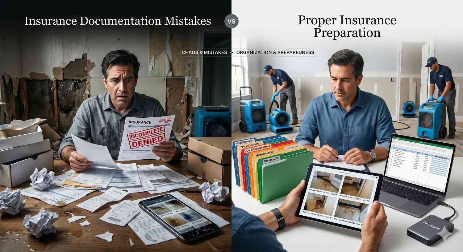 Split-screen comparison of insurance claim handling after water damage. One side shows a stressed homeowner with disorganized paperwork and a denied claim, while the other shows organized documentation, labeled files, digital records, and restoration workers demonstrating proper insurance preparation.