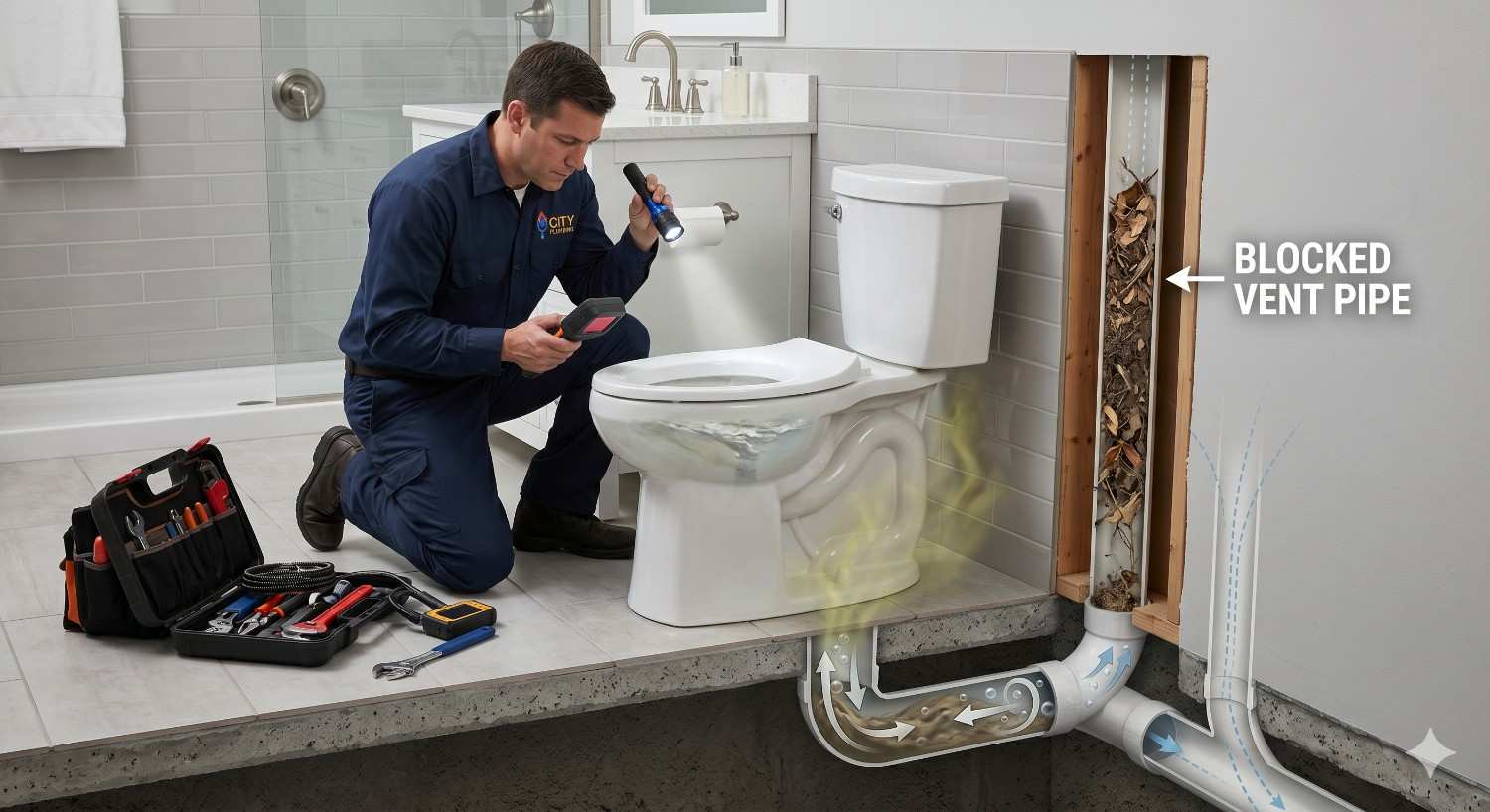 Plumber inspects a bathroom toilet using diagnostic tools beside an illustrated cutaway of plumbing beneath the floor. Exposed wall framing reveals a blocked vent pipe filled with debris, explaining drainage or sewer ventilation issues.