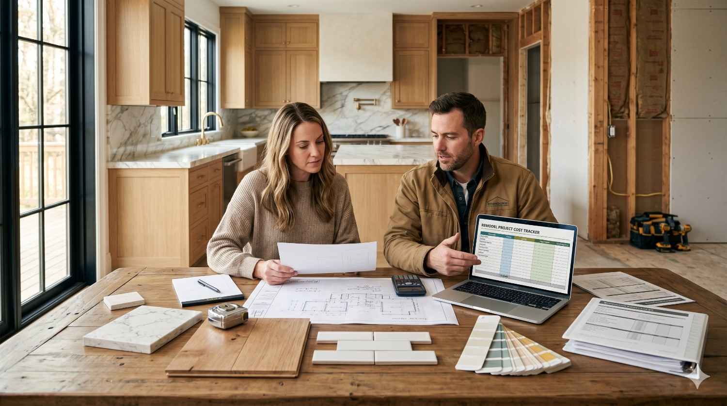 Couple reviewing renovation plans and remodeling costs at a kitchen table with blueprints, material samples, and a laptop displaying a project cost tracker. The partially renovated kitchen features unfinished walls, wood cabinetry, and construction tools in the background.