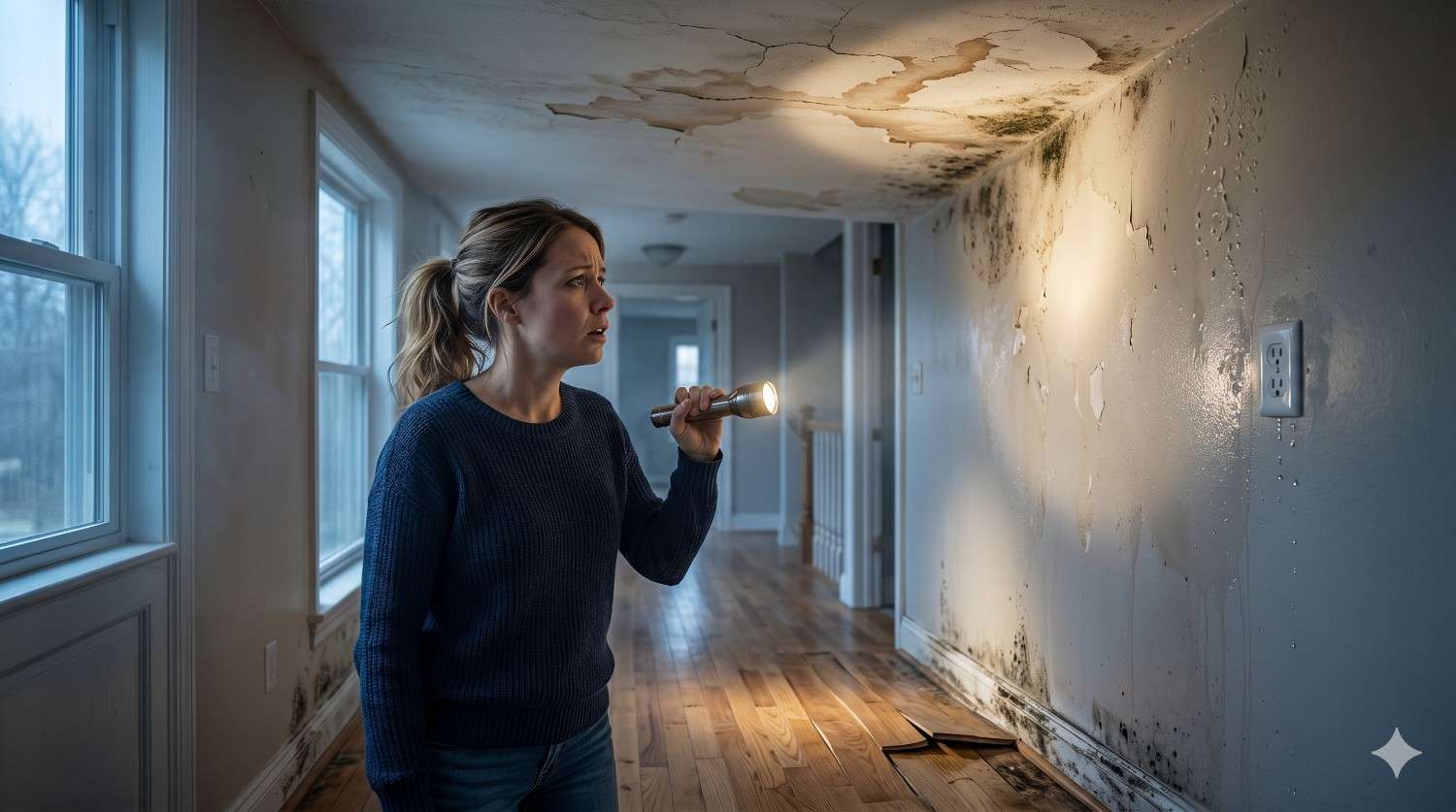 Concerned homeowner inspects severe water and mold damage in a hallway using a flashlight. Peeling paint, ceiling stains, damp walls, and black mold growth reveal ongoing moisture problems and structural damage caused by leaks or flooding inside the home.