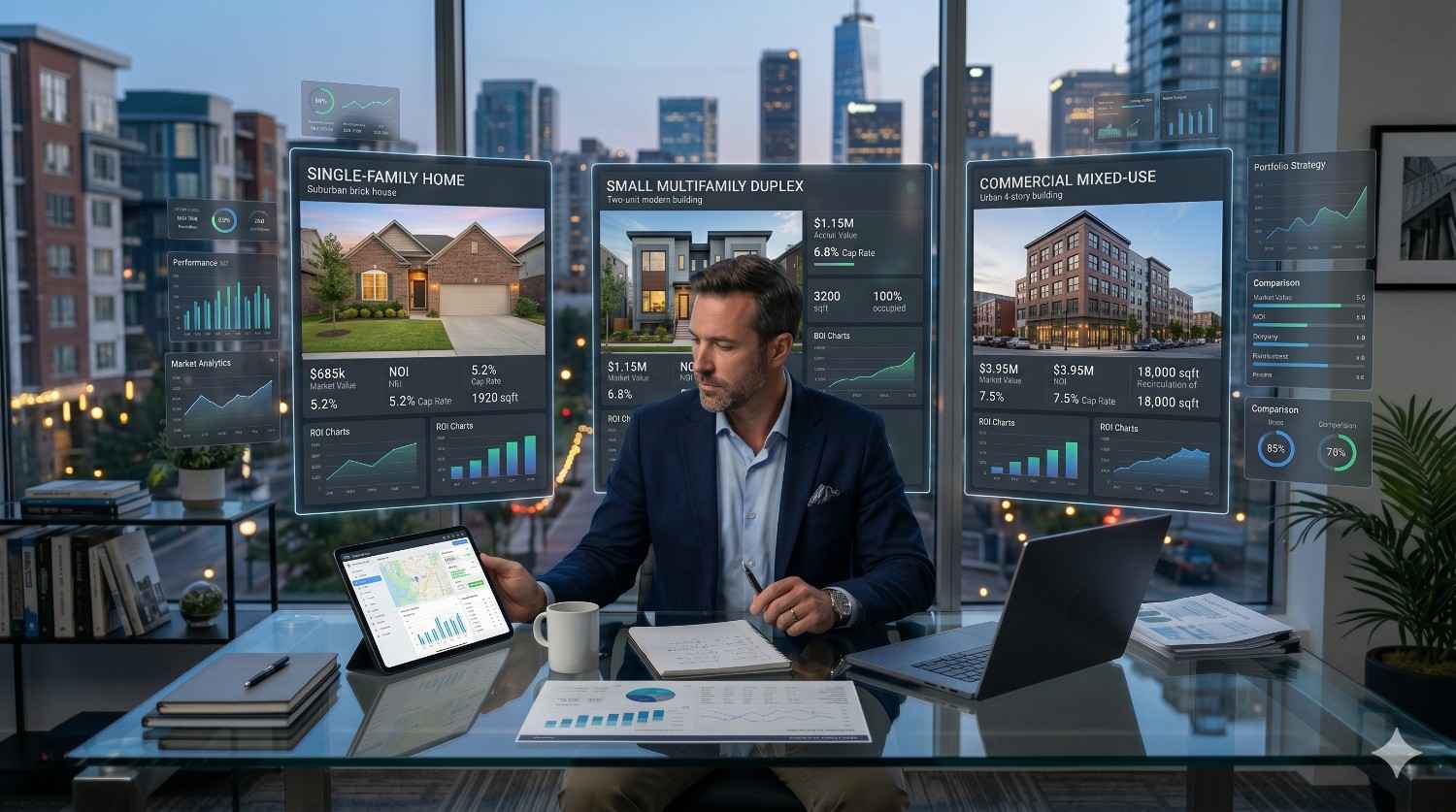 A real estate investor reviews digital property dashboards in a modern office overlooking a city skyline. Screens display analytics for single-family homes, multifamily duplexes, and commercial mixed-use properties, including ROI, cap rates, occupancy, and portfolio performance metrics.