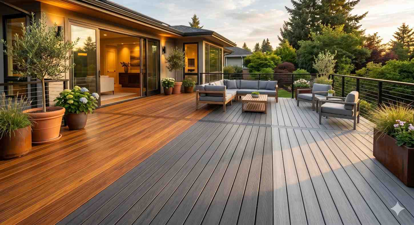 Spacious modern backyard deck with contrasting wood and gray composite decking, outdoor lounge furniture, cable railing, and landscaped planters. Large sliding glass doors connect the patio to a contemporary luxury home during warm evening light.