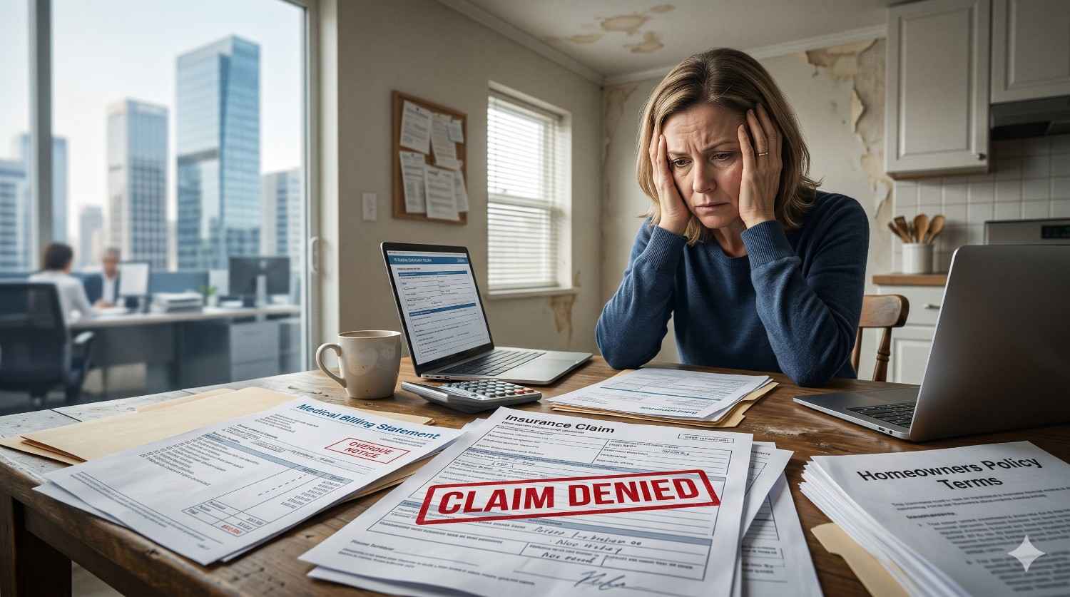 Stressed homeowner sits at a table covered with bills, insurance paperwork, and a large “claim denied” notice. Water damage stains on the walls and open laptops emphasize financial anxiety and the difficulties of handling denied insurance claims after home damage.