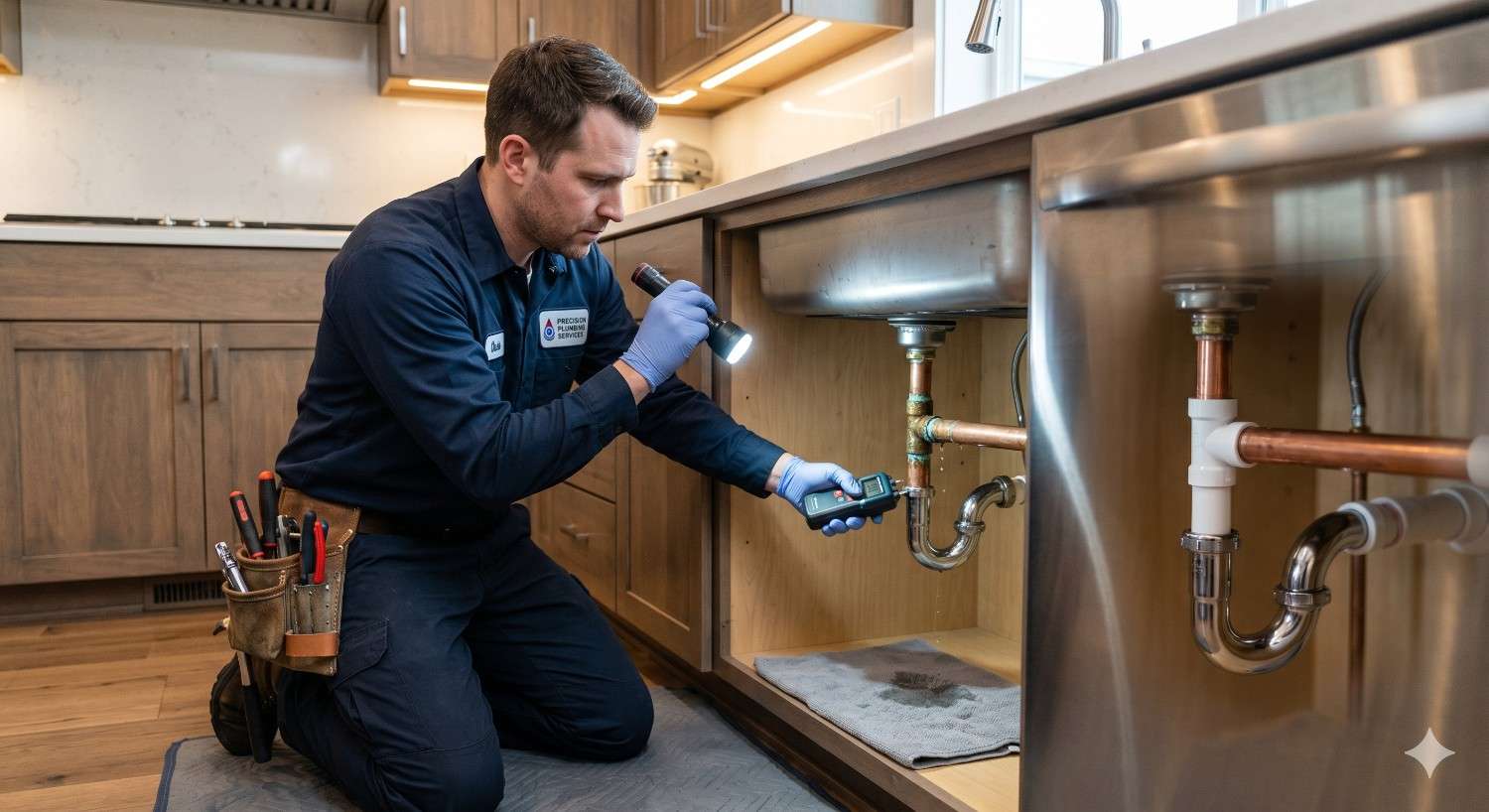 Professional plumber performing plumbing repair under kitchen sink, using flashlight and leak detection tool to inspect pipes and fix water leak in modern home cabinet