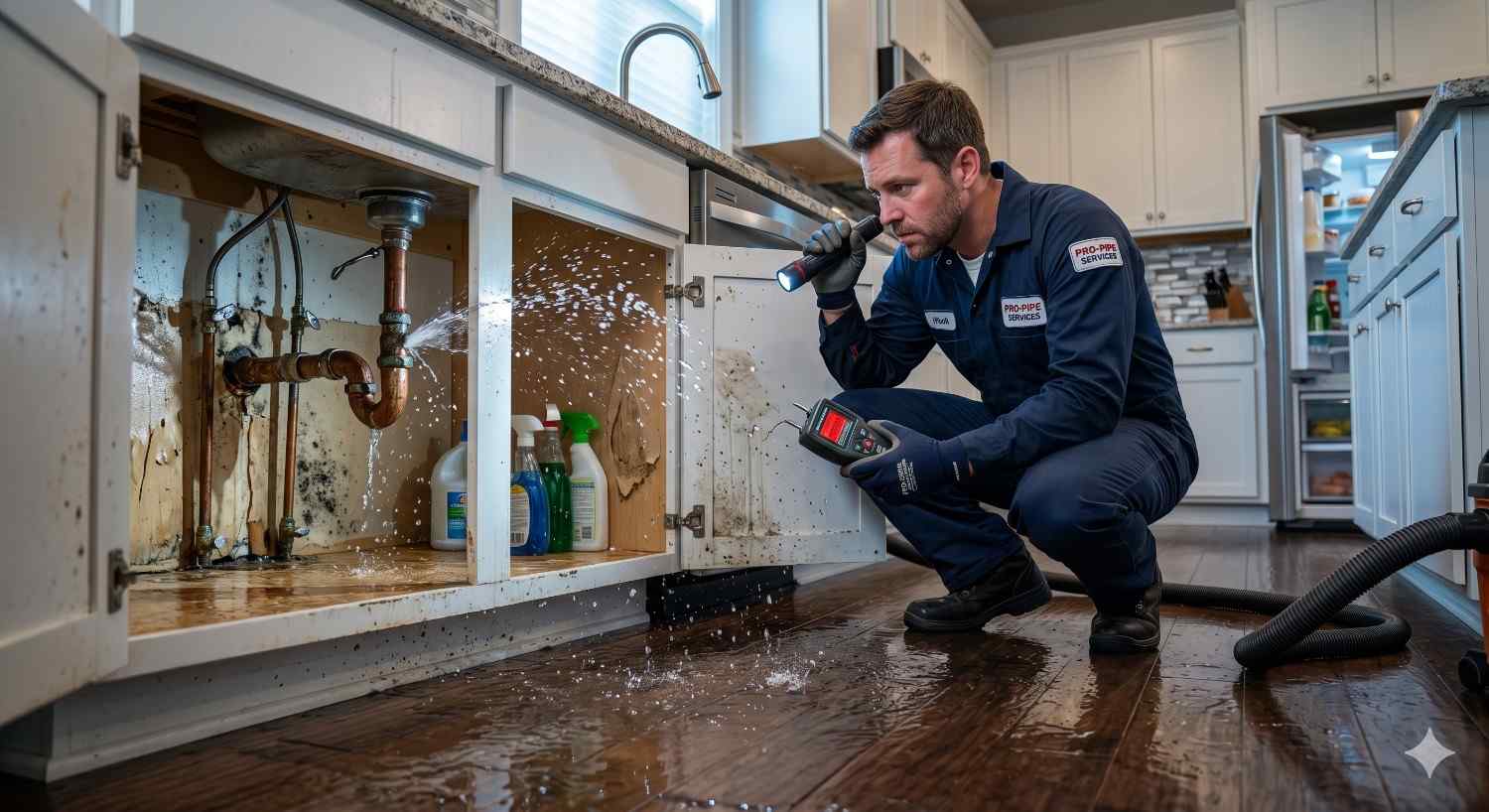 Plumber inspecting a leaking kitchen sink pipe with moisture detection equipment and flashlight. Water sprays from damaged plumbing beneath the cabinet while wet floors and visible mold indicate emergency leak repair, water damage assessment, and residential plumbing maintenance inside a modern kitchen.