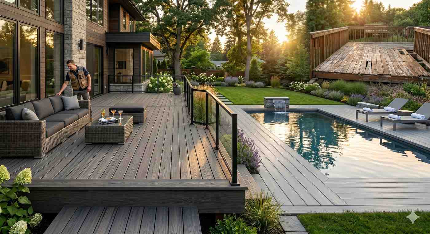 Modern backyard featuring a spacious composite deck, outdoor seating, and swimming pool beside a luxury home. An inset image shows an old, deteriorated wooden deck, emphasizing the transformation from unsafe decking to a stylish, durable outdoor living space.