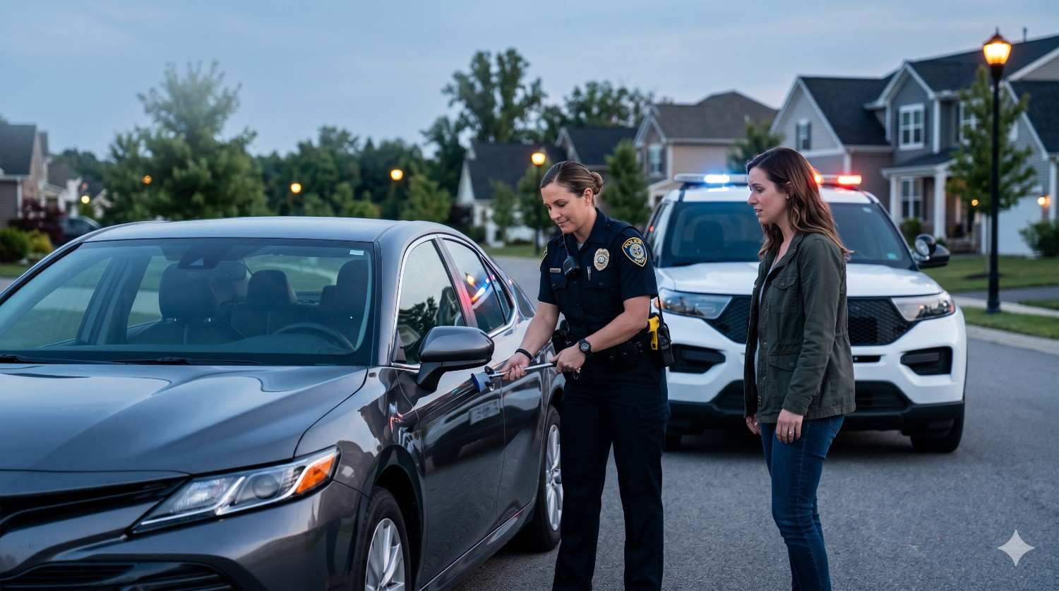 Police officer assists a woman with a car lockout on a suburban street at dusk. A patrol vehicle with flashing lights is parked behind them as the officer works on the car door, providing roadside assistance in a residential neighborhood.