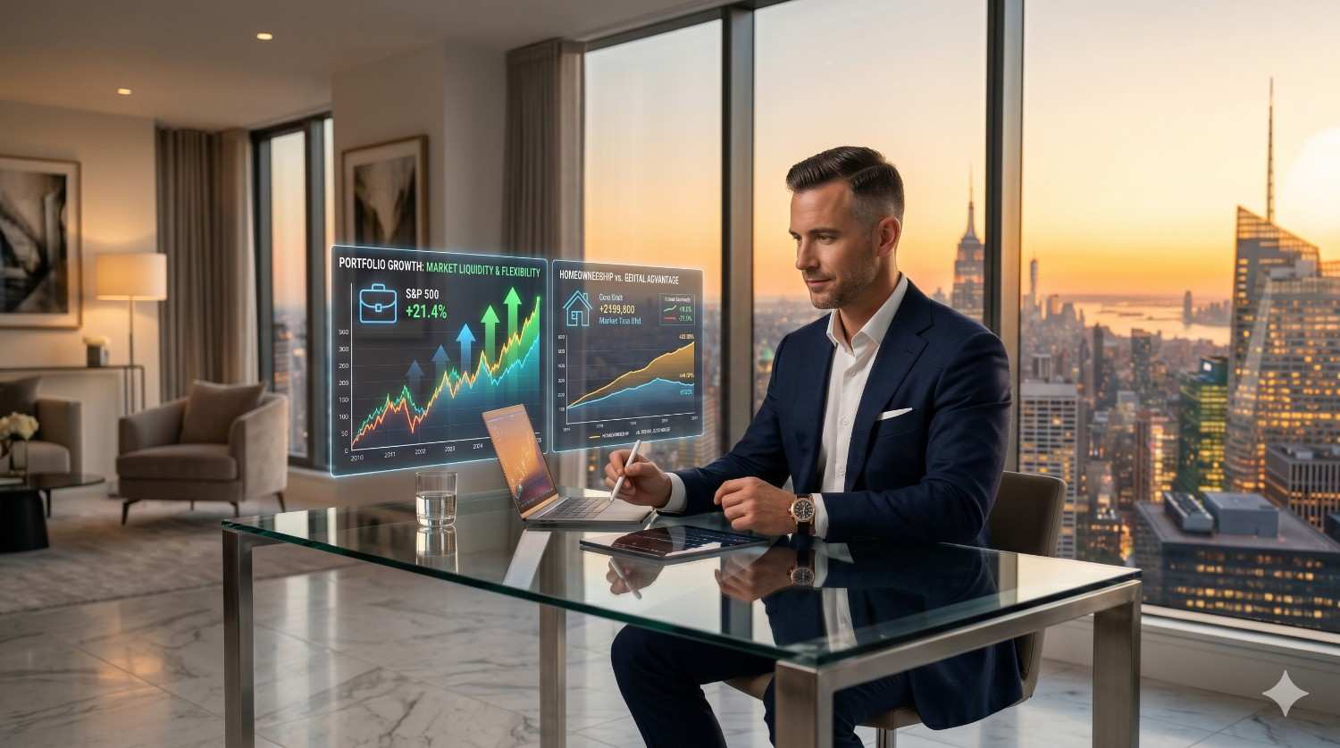 Business professional works at a desk in a luxury high-rise apartment overlooking a city skyline at sunset. Digital financial charts and investment analytics display portfolio growth and real estate market trends beside his laptop.