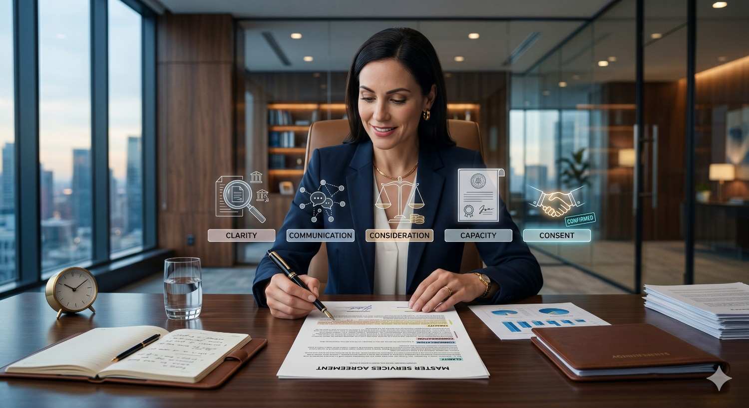 Homeowner and contractor reviewing and signing a home service agreement at a table with blueprints, tools, and measuring equipment. The professional meeting in a modern office highlights renovation planning, contract approval, and residential construction services.