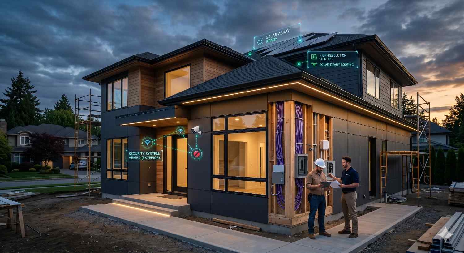 Modern smart home under construction at dusk featuring sleek contemporary architecture, large windows, and integrated technology overlays highlighting solar readiness, security systems, and energy efficient roofing Two workers review plans beside exposed wiring and unfinished exterior walls Scaffolding surrounds the house while illuminated interiors and smart features showcase advanced sustainable residential design