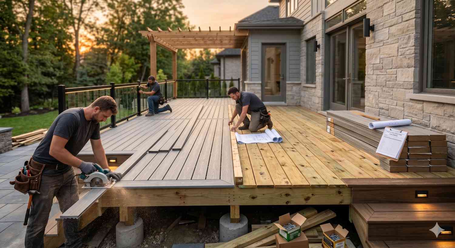 Contractors install modern composite decking on a large backyard terrace beside a stone home at sunset. Workers cut deck boards, review blueprints, and secure railing systems while transitioning from exposed pressure-treated framing to finished gray decking. Pergola structures, integrated stair lighting, and stacked materials highlight the active residential deck construction and outdoor renovation process.