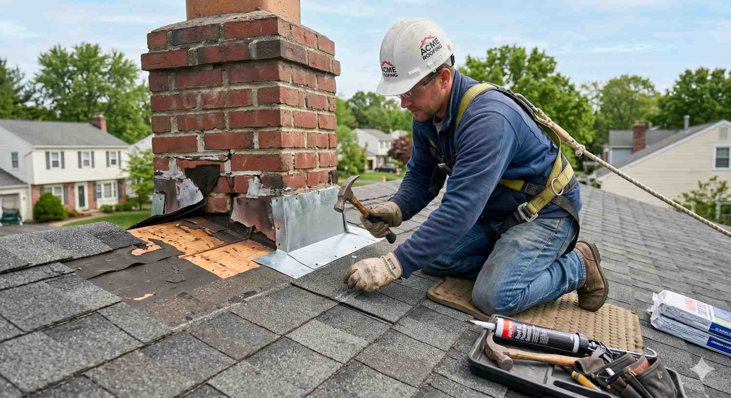Roofer performing roof repair around a brick chimney, installing flashing and replacing shingles on residential home