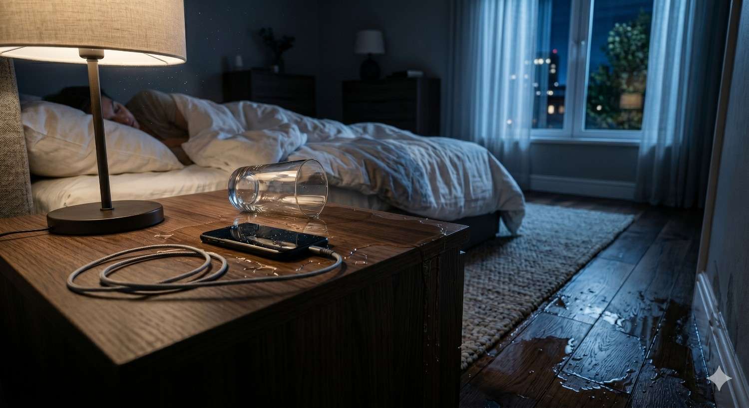 Water spills across a bedside table and hardwood floor beside a charging smartphone and cable in a dim bedroom at night. A sleeping person rests in the background, highlighting the danger of water exposure near electronics and potential electrical hazards indoors.