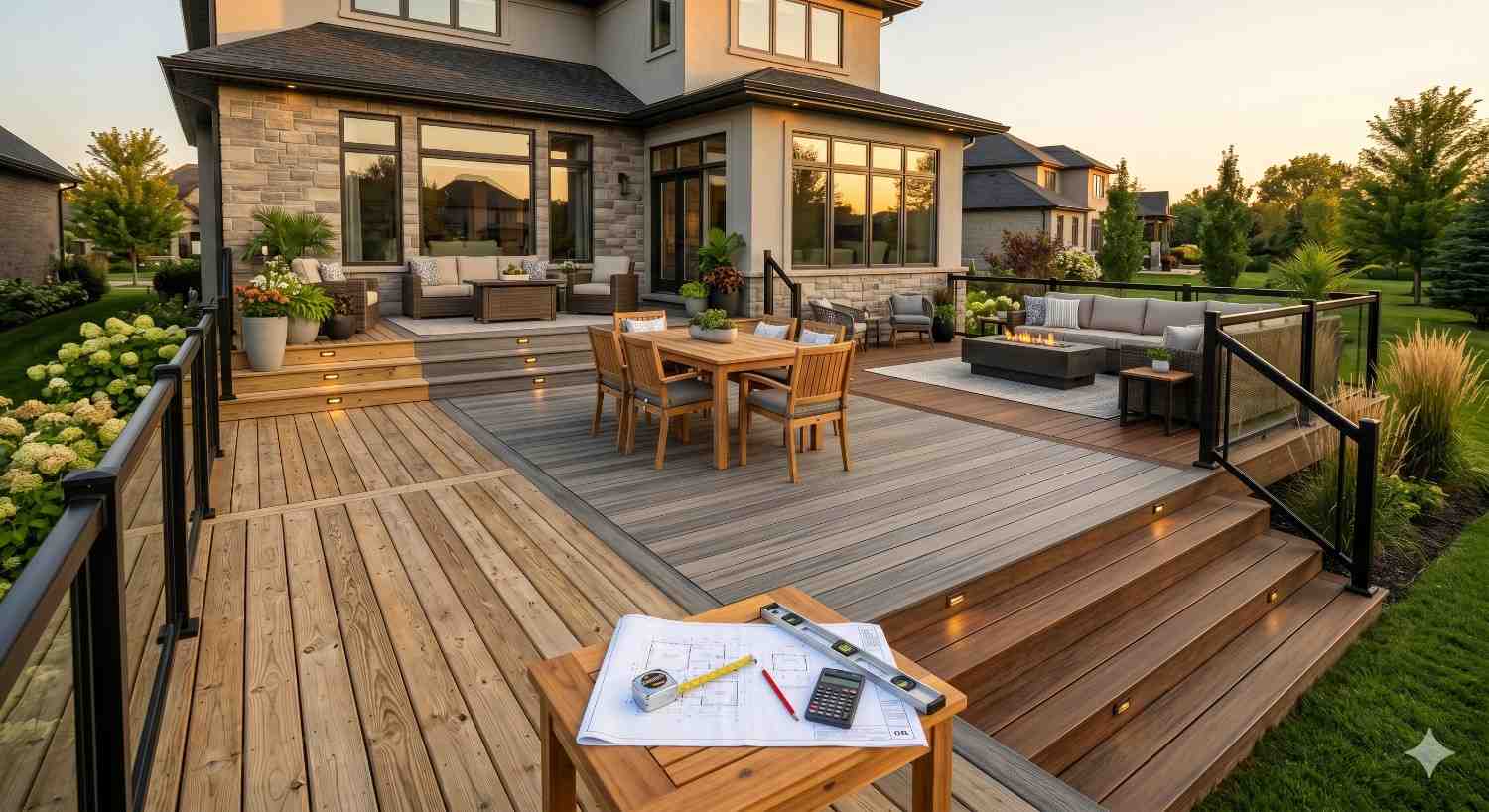 Large multi-level backyard deck combines natural wood and gray composite decking with integrated stair lighting, black aluminum railings, dining furniture, lounge seating, and fire table beside modern luxury home. Construction plans, calculator, measuring tape, and level rest on foreground table, highlighting deck design planning, outdoor renovation, and premium residential landscaping at sunset.