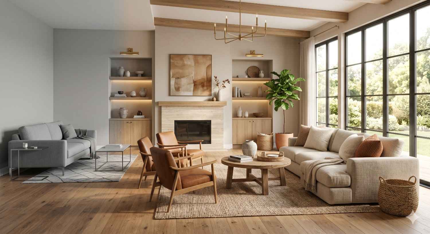 A modern living room comparison shows a plain minimalist space on the left and a warm, fully furnished interior on the right with large windows, neutral décor, wood accents, and comfortable seating around a fireplace.