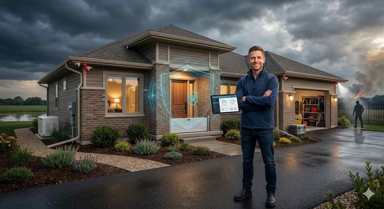 Homeowner standing confidently outside a modern smart home during a storm, with digital security overlays protecting the front entrance. Security cameras, backup power equipment, and dark weather clouds emphasize home protection, emergency preparedness, and advanced residential safety technology.