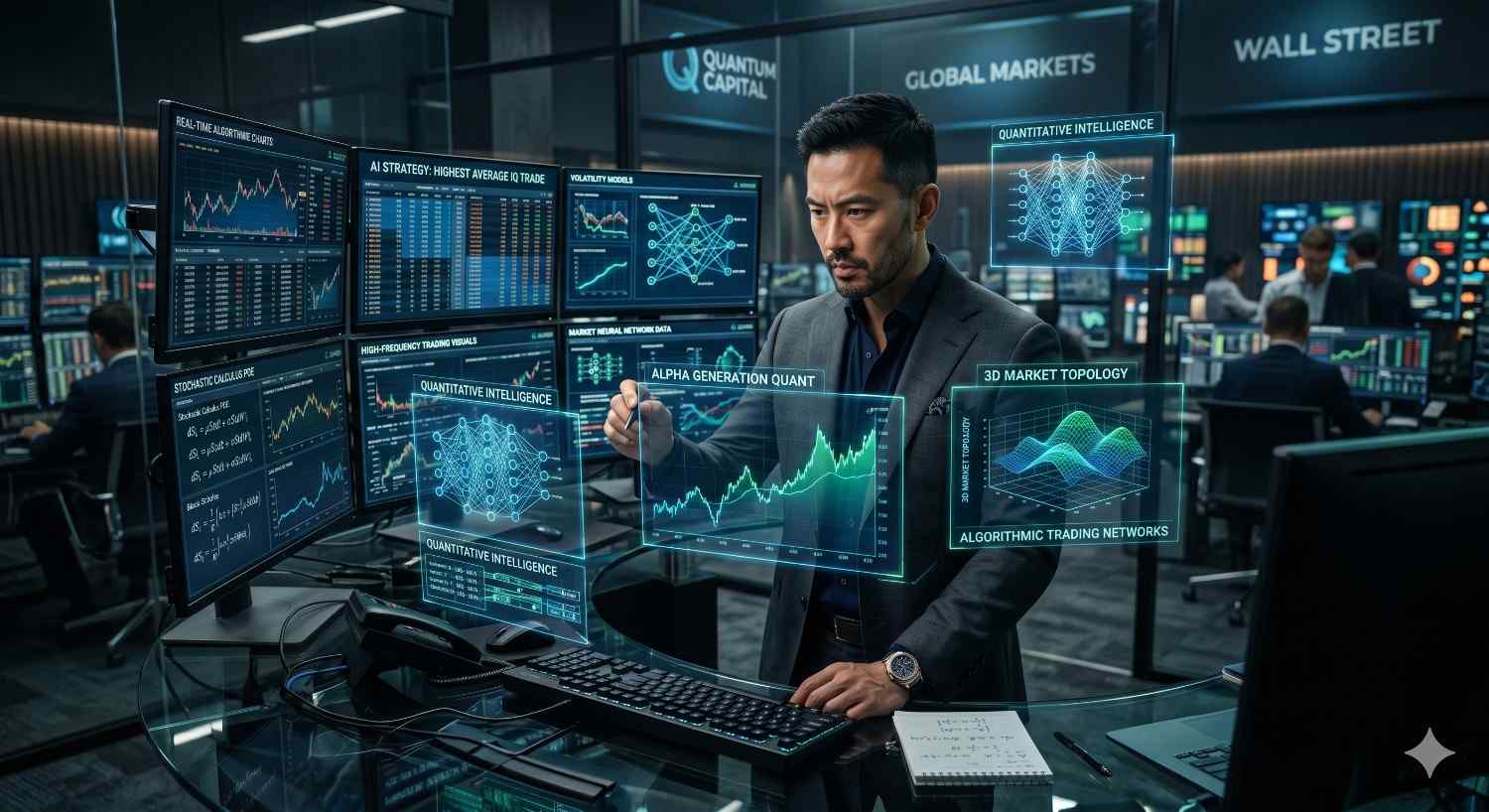 A financial analyst monitors AI-powered trading dashboards in a high-tech Wall Street office. Multiple screens display market data, quantitative intelligence models, algorithmic trading networks, and real-time stock performance analytics in a global trading environment.