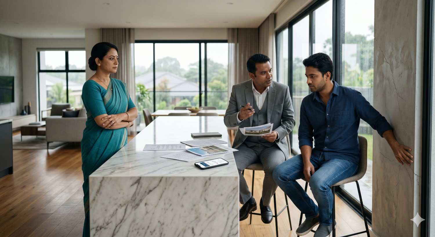 Family discussing home renovation or property concerns with a consultant in a modern kitchen. A worried couple listens as the advisor reviews documents and explains details, creating a serious atmosphere around homeownership, construction issues, or real estate decisions.