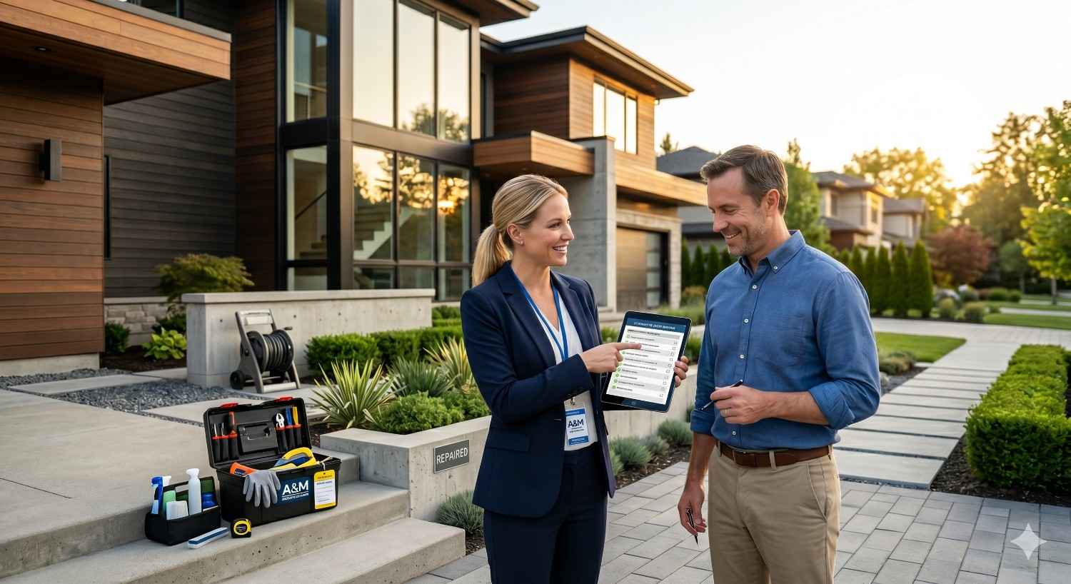 Home service professional reviews a maintenance checklist with a homeowner outside a modern luxury house. Cleaning supplies, tools, and repair equipment are displayed nearby during a residential inspection or service appointment.