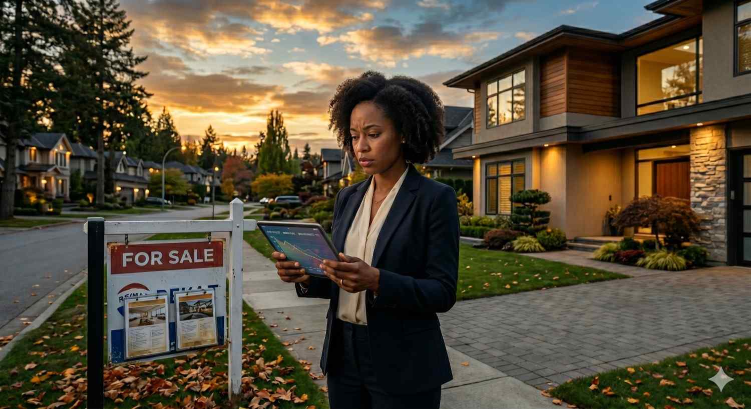 Real estate professional reviews property data on a tablet outside a luxury home with a “For Sale” sign at sunset. The upscale suburban neighborhood and dramatic evening sky create a polished residential setting.
