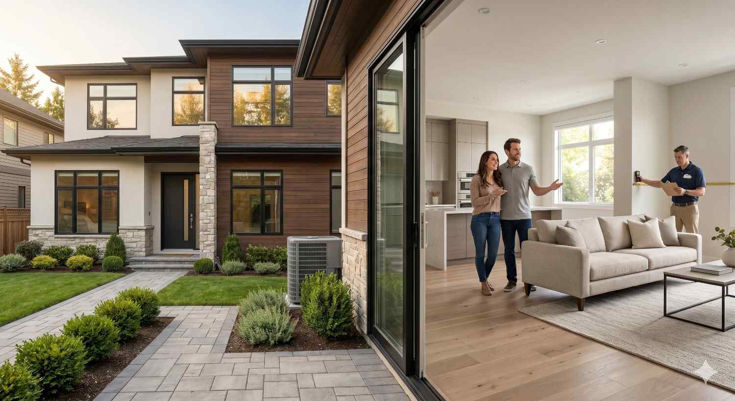 Modern home exterior and bright open-concept living room with large sliding glass doors. A couple tours the newly finished interior while a home inspector or contractor takes measurements in the background.