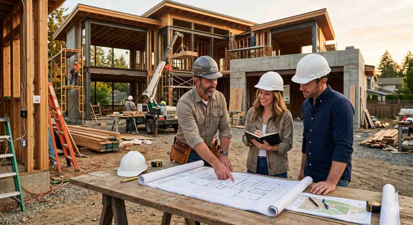 Construction team reviews architectural blueprints at an active modern home building site Workers wearing safety helmets discuss plans beside unfinished luxury houses with exposed wood framing, scaffolding, and construction equipment Lumber, ladders, and tools surround the area while builders coordinate progress, inspections, and residential development tasks during a busy outdoor construction project site
