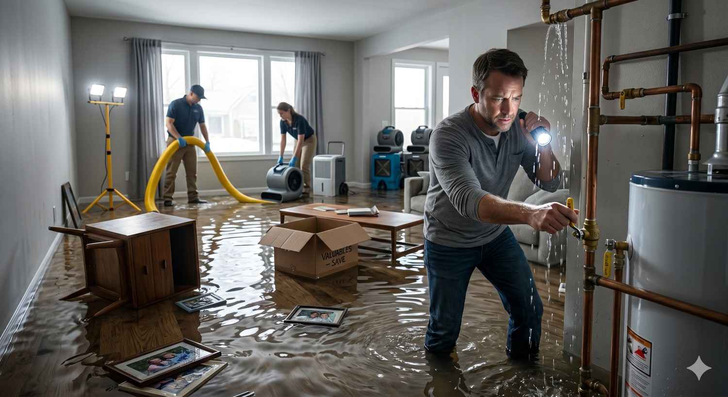 A flooded living room shows water covering the floor as a man inspects leaking pipes with a flashlight. In the background, cleanup workers use drying equipment and hoses, while furniture, boxes, and framed photos sit damaged by the indoor water leak.