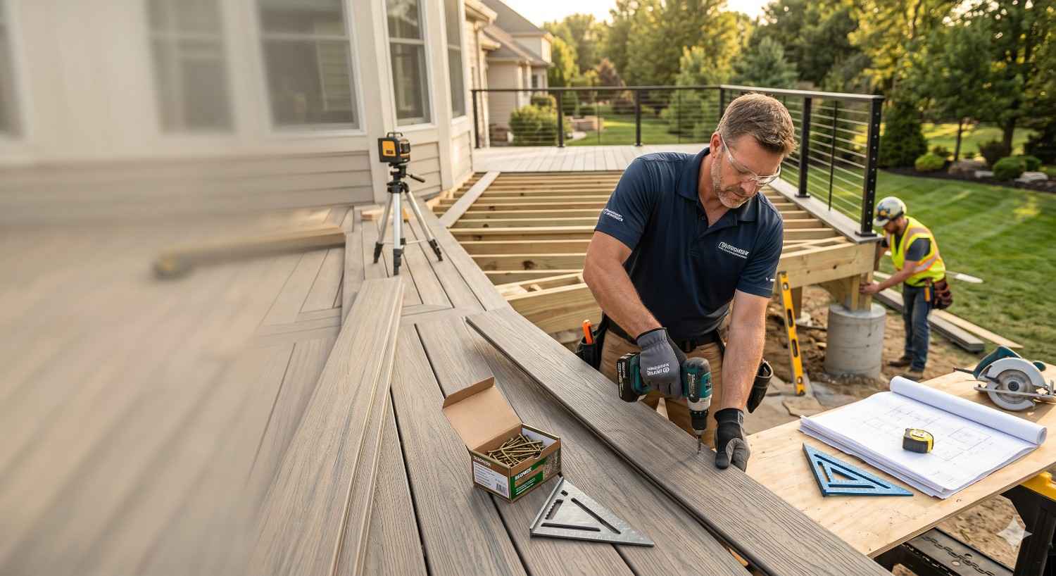 Contractor installing composite decking boards on a backyard deck frame beside a suburban home. Construction tools, screws, blueprints, and leveling equipment are visible as workers build a modern outdoor deck with railings and durable decking materials.