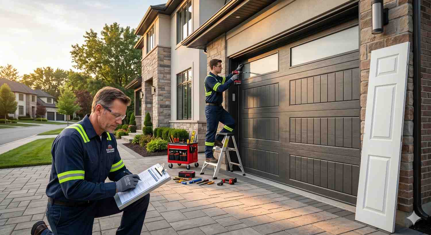 Two garage door technicians work outside a modern home installing and inspecting a black paneled garage door. One technician uses tools on a ladder while the other completes paperwork beside organized equipment and replacement panels.