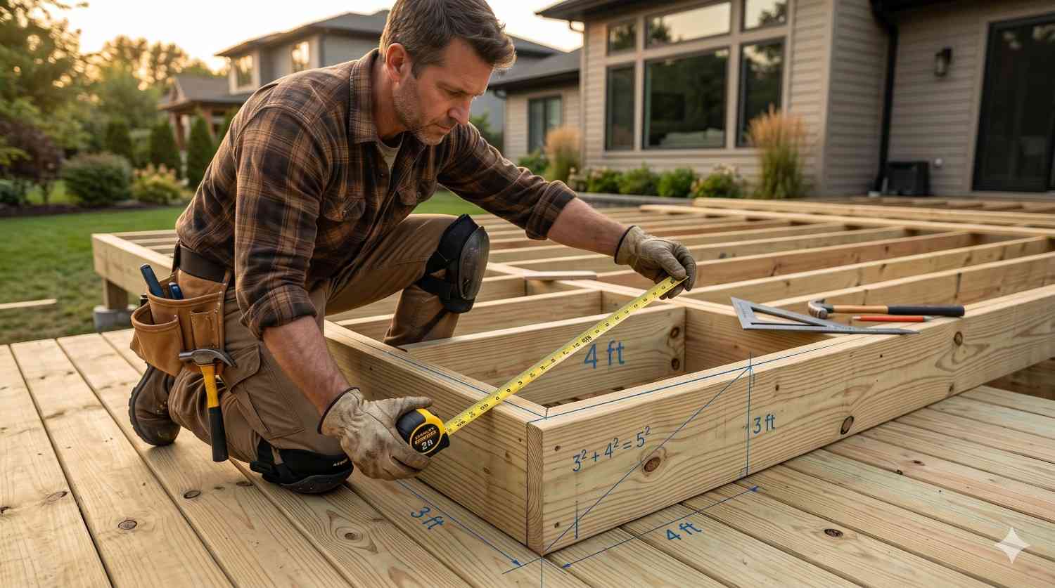 Contractor measuring a deck frame with a tape measure during backyard construction. Dimension labels and a visual 3-4-5 triangle guide illustrate deck layout accuracy, framing techniques, and construction planning, highlighting precise measurements and structural alignment in a residential outdoor building project.