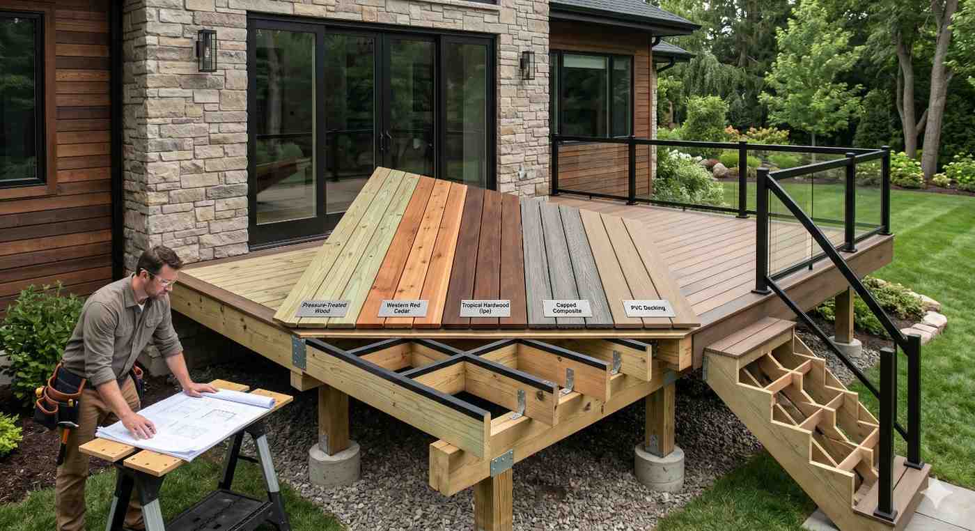 A contractor reviews deck construction plans beside a partially built backyard deck showcasing multiple decking material options. Labeled samples include pressure-treated wood, cedar, tropical hardwood, capped composite, and PVC decking. Exposed framing, railings, and stairs highlight the comparison between materials, structural design, durability, appearance, and outdoor performance.