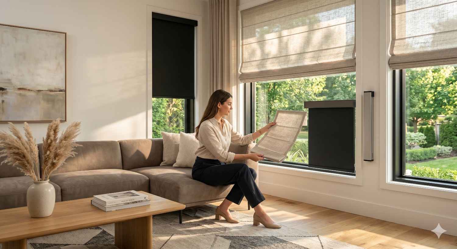 A woman sits in a modern living room adjusting layered window shades beside large sunlit windows. The space features neutral décor, a sectional sofa, wood accents, and views of a landscaped garden outside.