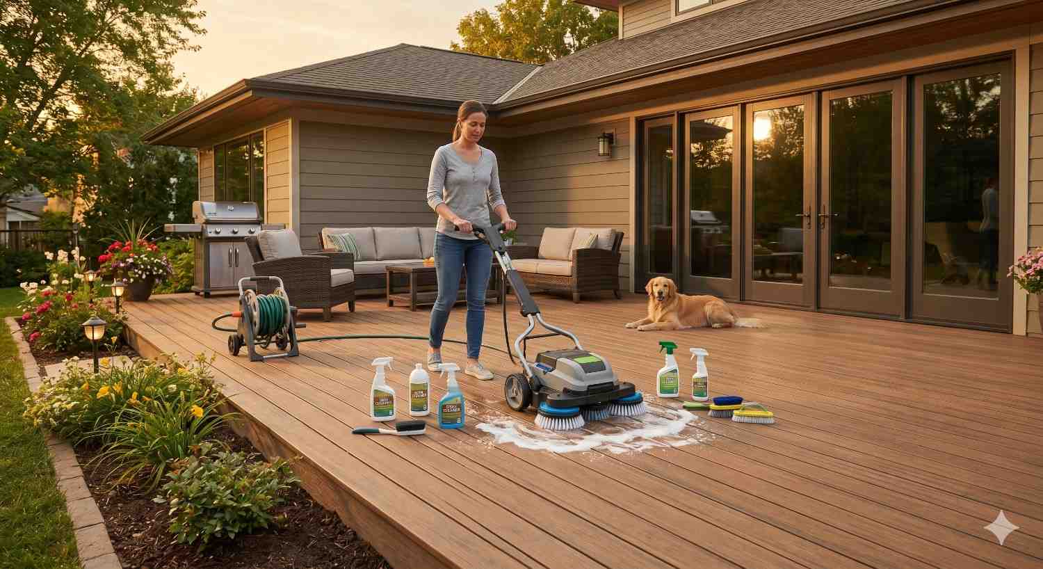 Woman cleaning a large backyard deck with a power scrubber and deck cleaning products while a golden retriever rests nearby. Modern outdoor patio furniture, garden landscaping, and warm evening light create a tidy residential outdoor setting.