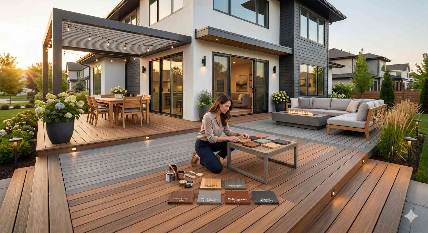 Woman comparing deck stain and material samples on a modern backyard patio at sunset. Contemporary outdoor space features multi-level composite decking, pergola dining area, lounge seating, fire table, landscaping, and built-in deck lighting beside a luxury home.