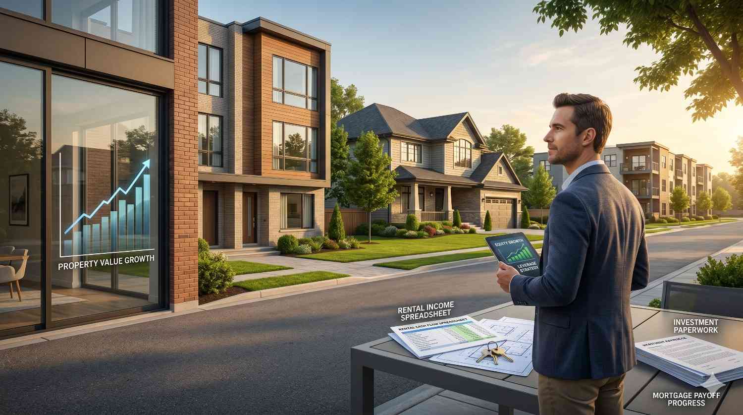 Real estate investor reviewing property documents and financial data outside a modern residential development. Visual overlays display property value growth, rental income, and mortgage payoff progress, highlighting investment planning and long-term wealth building through real estate.