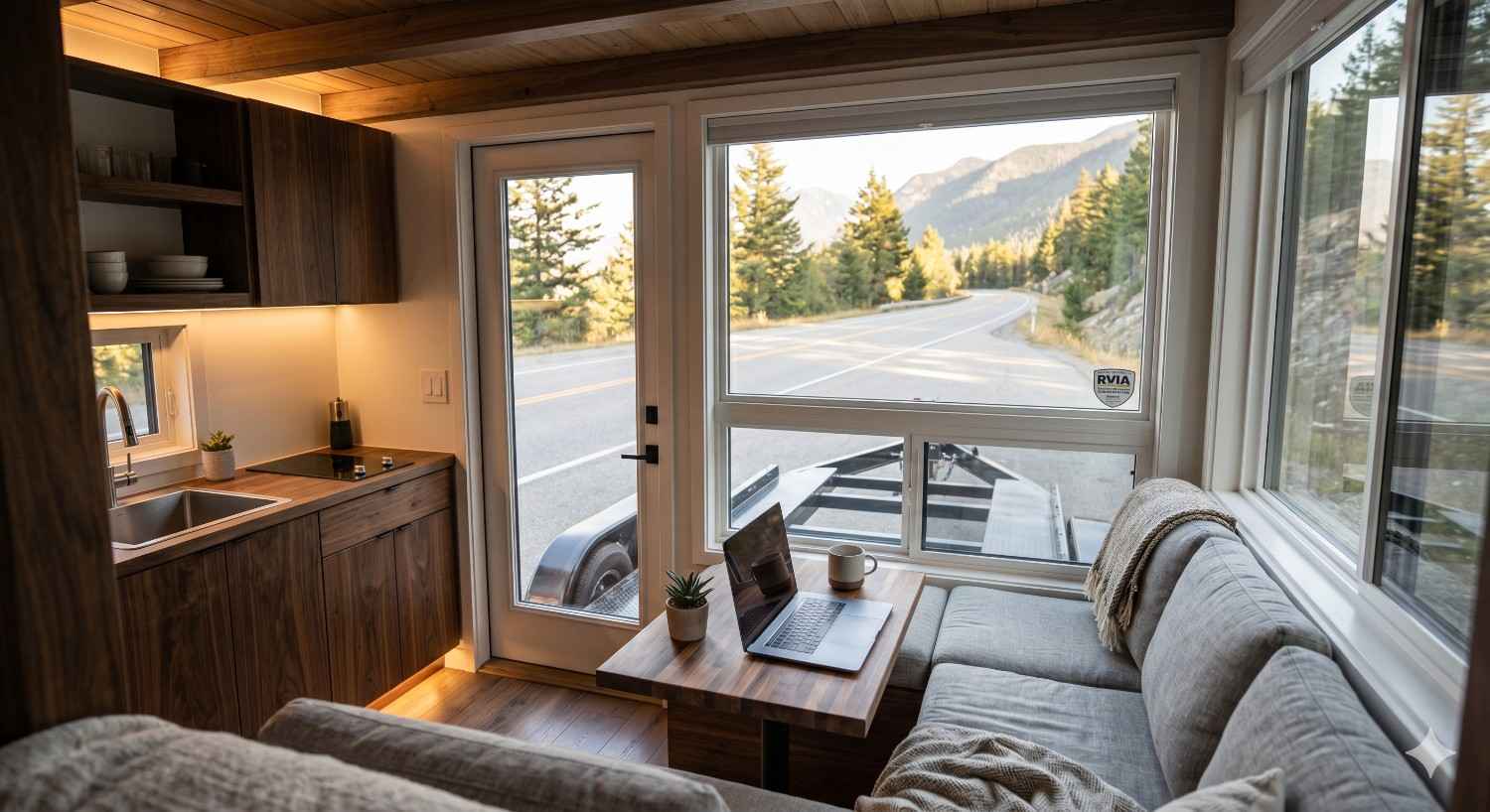 Modern THOW tiny home on wheels with solar panels parked beside a scenic lake and mountains, featuring a cozy wooden deck and large windows at sunset