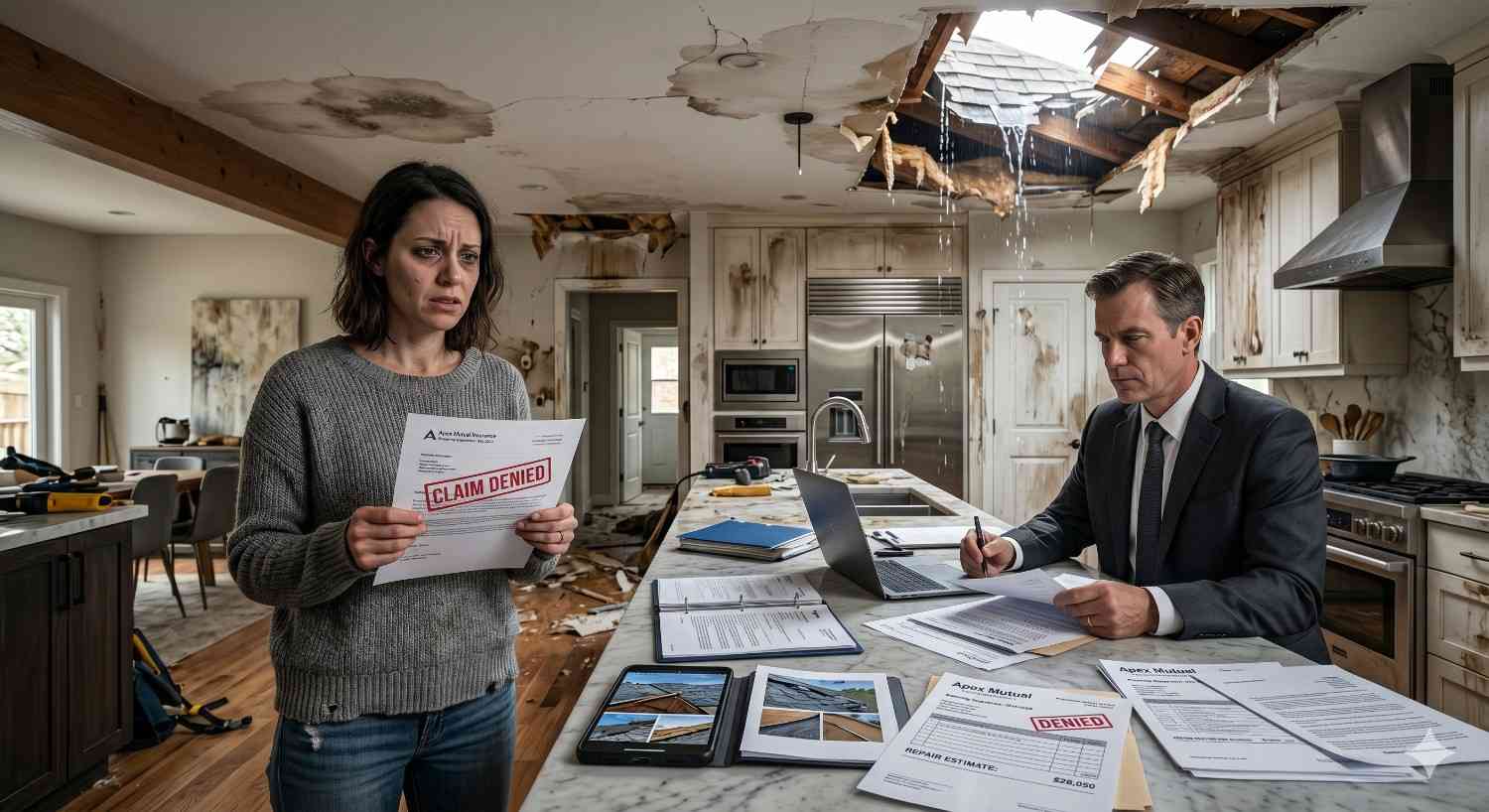 Upset homeowner holds a denied insurance claim letter inside a severely water-damaged kitchen with collapsed ceiling and leaks. An insurance representative reviews documents at the counter, highlighting the frustration and financial challenges of denied home damage coverage and repair costs.