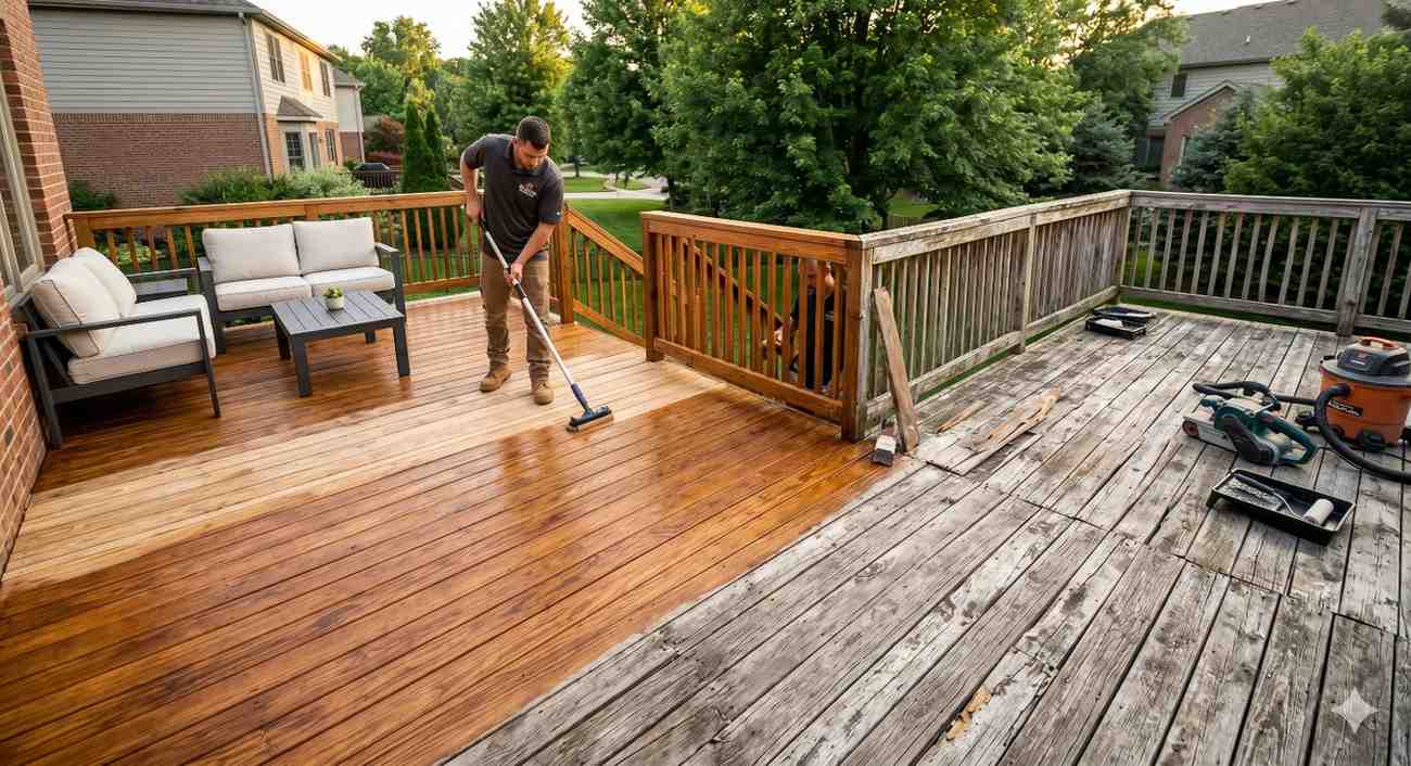 Worker refinishes a residential wooden deck, highlighting the contrast between newly stained boards and weathered decking awaiting restoration. Outdoor furniture sits on the completed section, while sanding tools, paint trays, and equipment rest nearby. Suburban homes and green trees surround the backyard, showcasing an in-progress deck renovation and exterior improvement project.