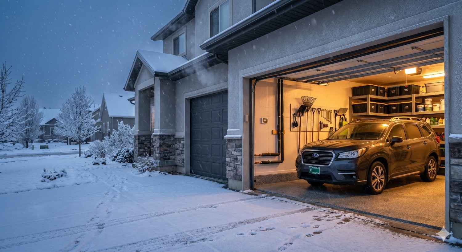 An open garage glows warmly during a snowy evening, sheltering an SUV inside a clean organized space with storage shelves and tools, while cold air and snow surround the modern suburban home outside.