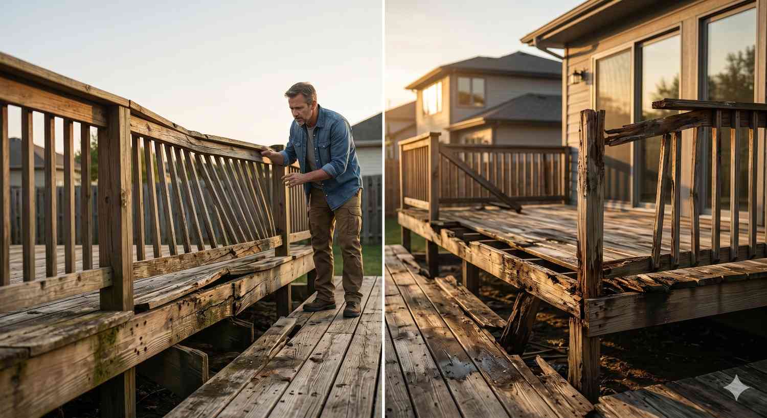 Split-screen image of a homeowner inspecting a severely damaged wooden deck with broken railings, warped boards, and structural decay. The unsafe outdoor deck highlights the need for repair or replacement to restore safety, stability, and appearance in a residential backyard setting.