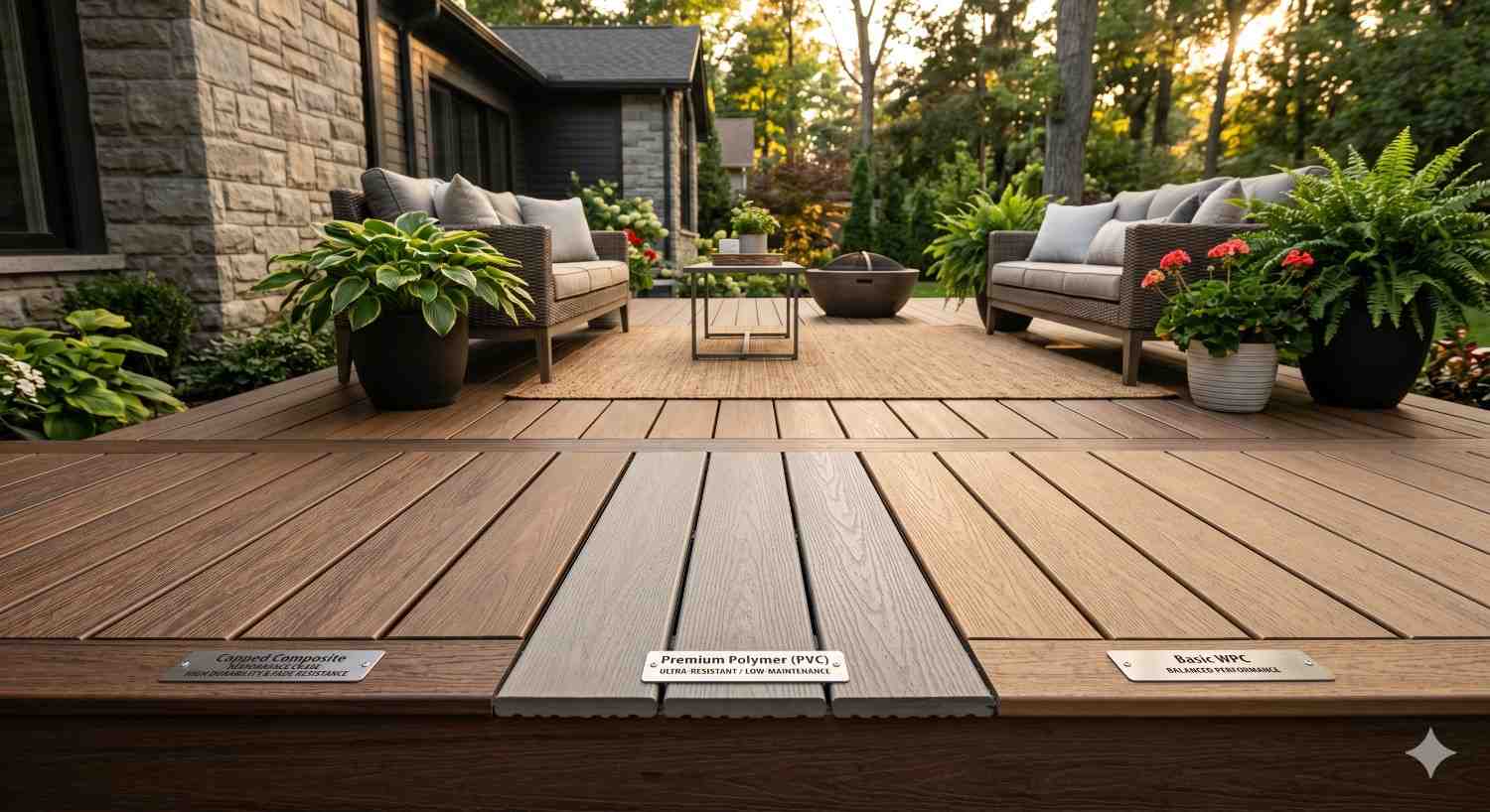 Comparison display of decking material options arranged on a finished outdoor living space. Sample boards labeled capped composite, premium PVC polymer, and basic wood-plastic composite showcase differences in color and texture. Comfortable patio seating, decorative plants, and a landscaped backyard setting highlight material selection for modern deck construction projects.