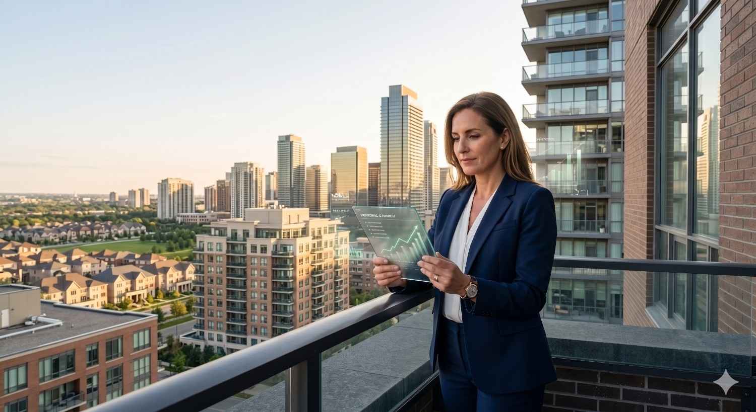 Businesswoman standing on a high-rise balcony overlooking a modern city skyline while reviewing digital real estate market analytics on a transparent tablet. Urban residential buildings and financial growth charts emphasize property investment, market trends, and economic planning.