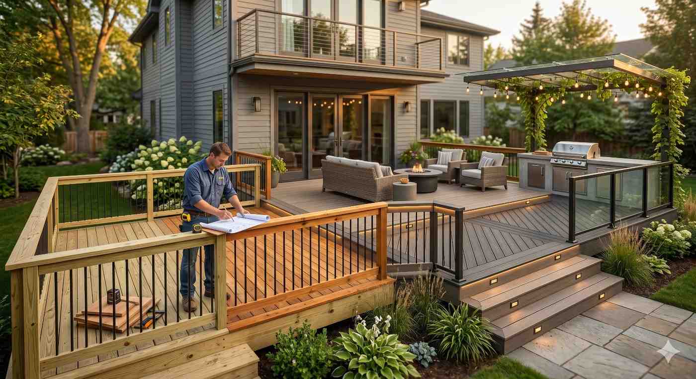 Backyard deck renovation shows contractor reviewing blueprints on newly framed wood section beside completed composite deck with pergola, outdoor kitchen, fire pit, lounge seating, and illuminated stairs. Modern two-story home overlooks landscaped yard. Mixed materials highlight transition from pressure-treated lumber construction to premium finished outdoor living space with contemporary railings and lighting.