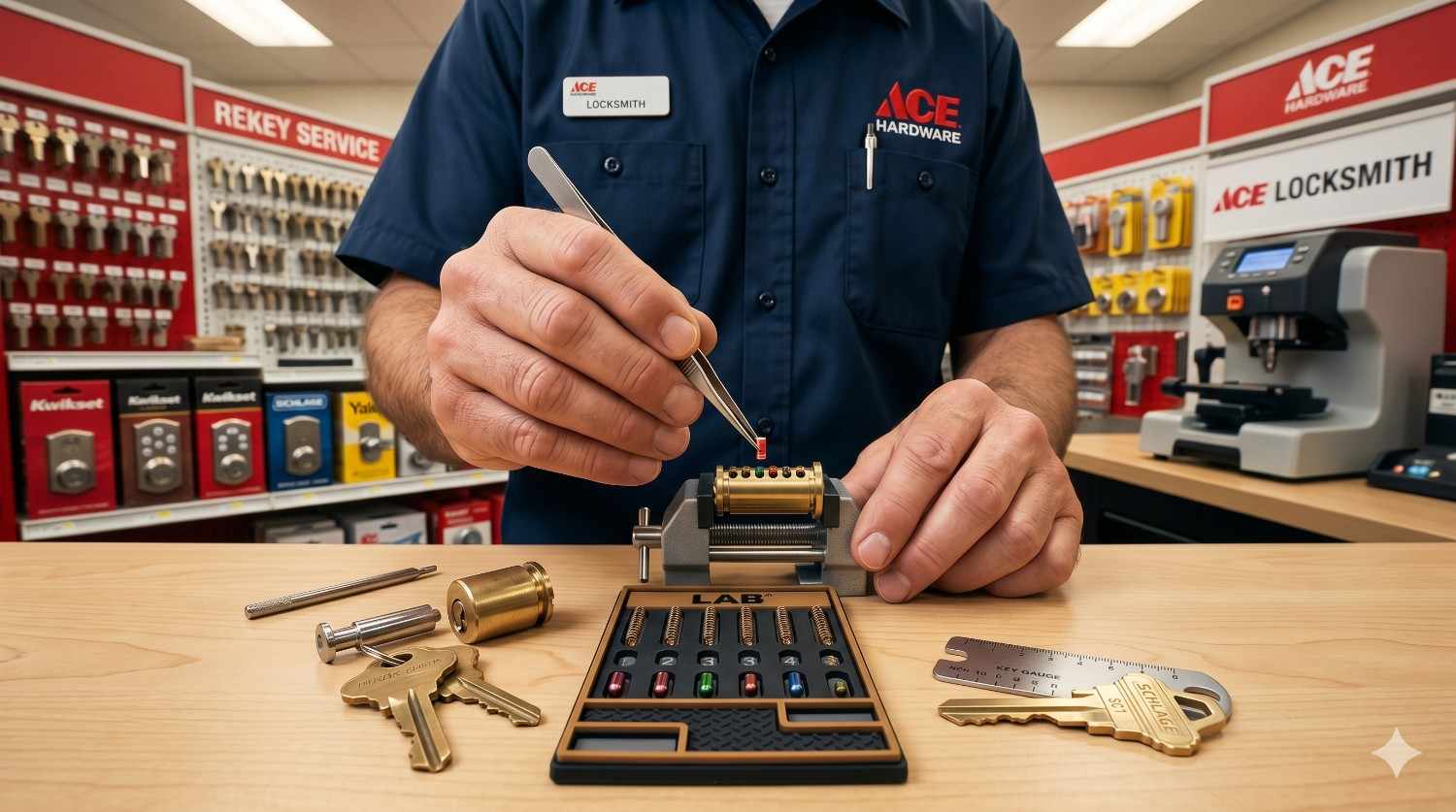 Close-up of a locksmith rekeying a lock cylinder at a hardware store using pinning tools and key components. Keys, lock parts, and rekeying equipment are arranged on the workbench in a professional locksmith service area.