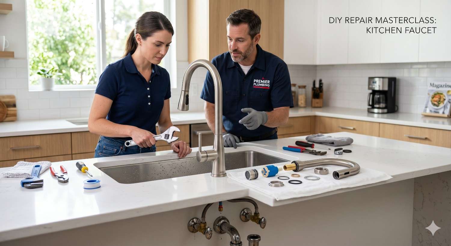 Person repairs a kitchen faucet under the guidance of a plumbing professional in a bright modern kitchen. Faucet components, washers, tools, and replacement parts are arranged on the countertop. The scene demonstrates a DIY faucet repair tutorial, hands-on home maintenance, plumbing instruction, troubleshooting, and basic sink fixture installation skills.